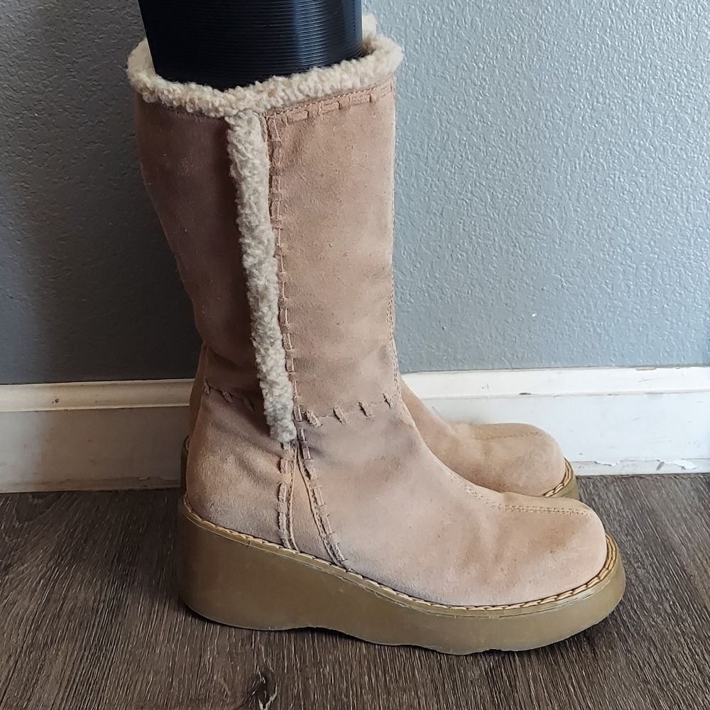 Vintage 90s Xhilaration Suede Platform Faux Fur Trim Chunky Boots Size 8.5